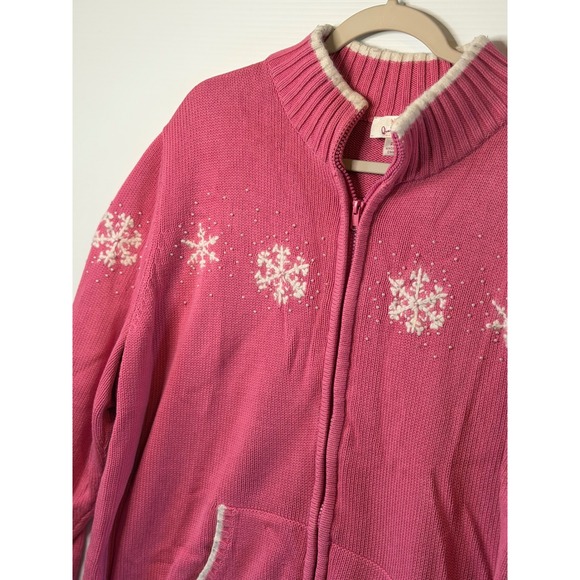 VTG Quacker Factory Zip Cardigan Pink Snowflake Grandmacore Bead Cotton 2X Women - Picture 12 of 12